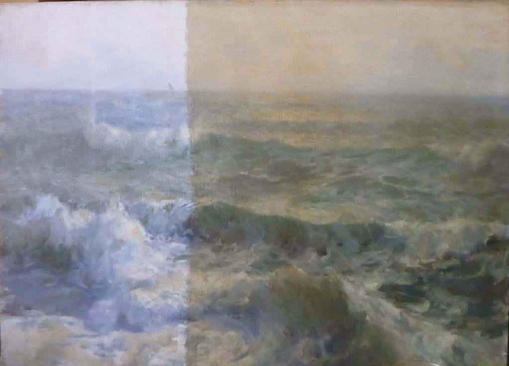 Exemple de nettoyage en cours de la couche picturale sur un tableau, huile sur toile, XXème siècle. Signé E-BHirschfeld, 73,5 cm x 54 cm. Collection privée.