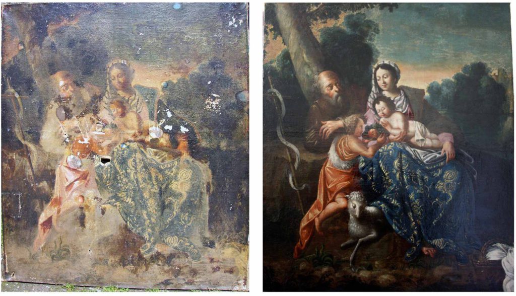 Shots Before / After restoration intervention. Oil on canvas, Holy family and Saint John the Baptist, 19th century. Unsigned, undated.116 cm x 135 cm. Private collection.