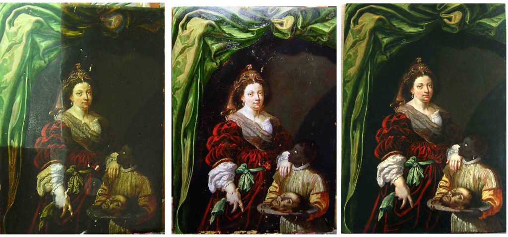 On the left: beginning of the cleaning procedure. In the center: before the reintegration of the colors. Right: view of the end of the treatment. Salome and Saint John the Baptist, oil on panel 18th century. Unsigned, undated. 30cm x 48cm . Private collection.