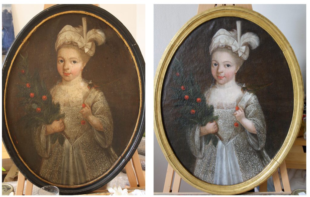 Cleaning and lightening of varnish on an oval portrait of a young girl estimated XVIIIth century. Unsigned, undated. Private collection.