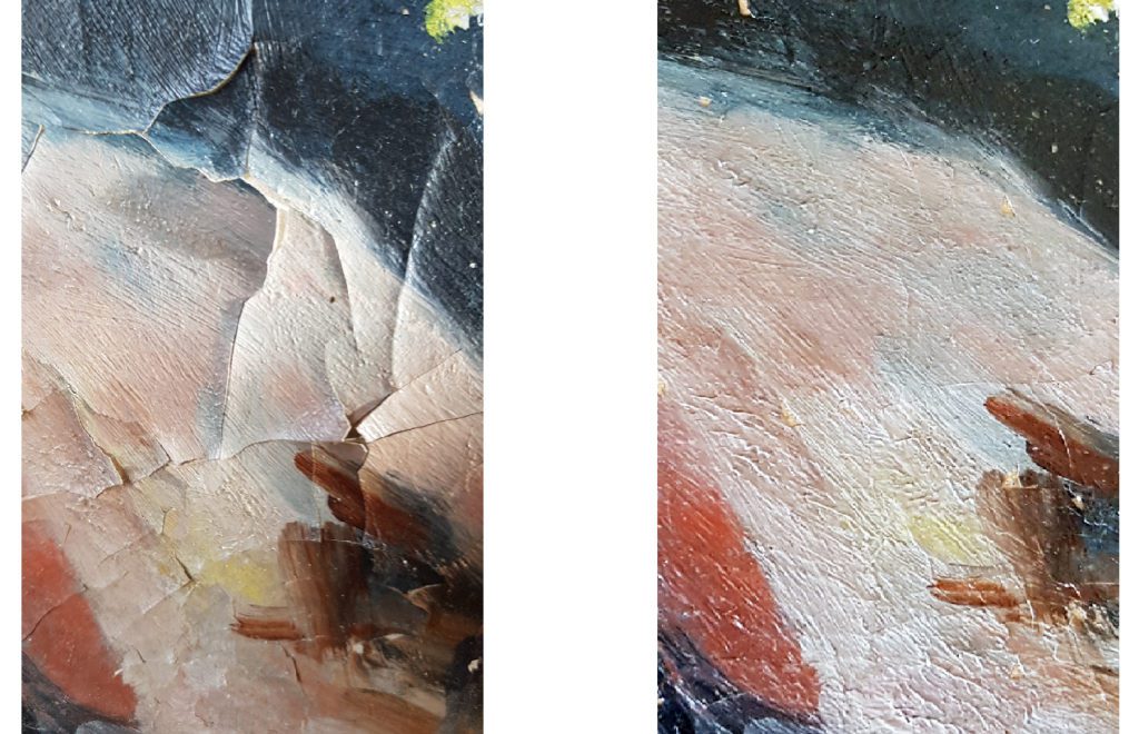A gauche : Détail de l'altération de la couche picturale avec soulèvements importants. A droite : une fois le refixage de la couche picturale effectué. Tableau huile sur toile, signé Charles Guérin, daté 1906. 54cm x 80cm. Collection privée.