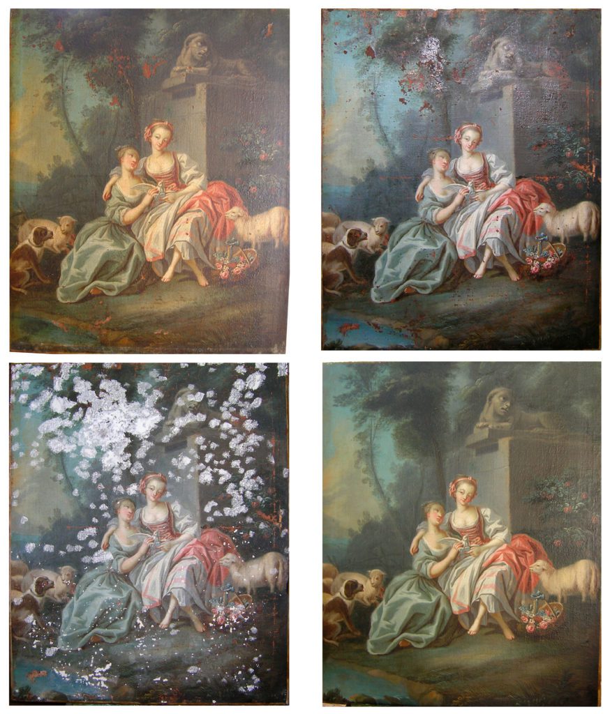 Painting, oil on canvas 18th century. Top left: view before intervention, top right: after cleaning and varnish lightening operations. Bottom left: the restoration of the missing parts and bottom right: the painting after the intervention. Unsigned, undated. 84cm x 114cm. Private collection.