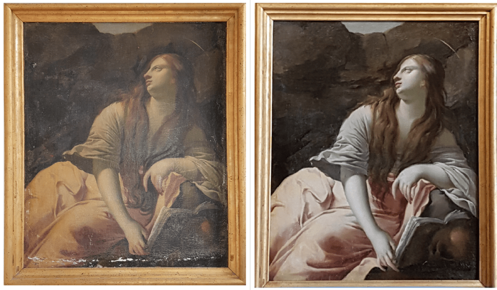 Anonymous 17th century painting representing Saint Mary Magdalene. Classified as a Historic Monument, restoration supervised by the DRAC des Pays de la Loire.