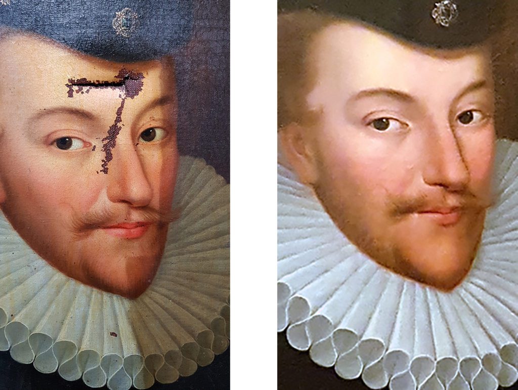 Left: detail of a perforation and the cleaning in progress. On the right : the view after restoration. 18th century portrait of Henri III, unsigned and undated. 61,5 cm x 76 cm. Private collection.